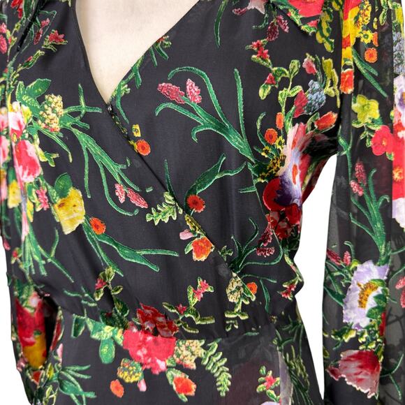 Alice + Olivia Abney Floral Burnout Velvet Detail Long Sleeve Midi Wrap Dress - Picture 7 of 16